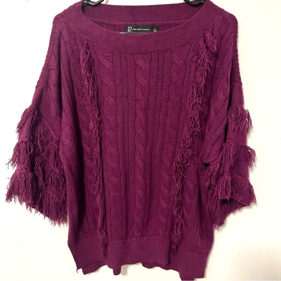 New York & Company Cable Knit Purple Fringed 3/4 Sleeve Sweater Large - Picture 2 of 8
